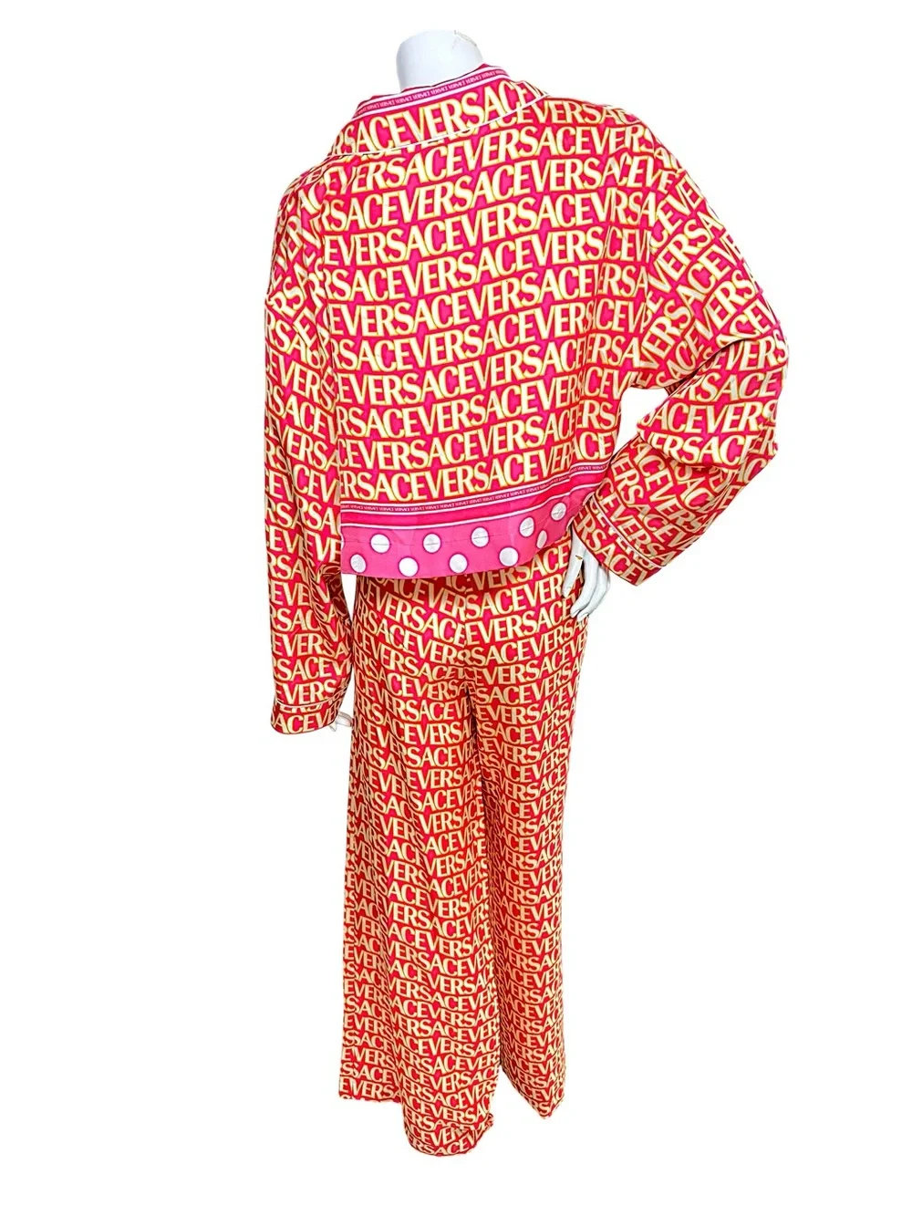 Versace x Dua Lipa 2023 Silk Logo Print Shirt & Wide Leg Pants Set